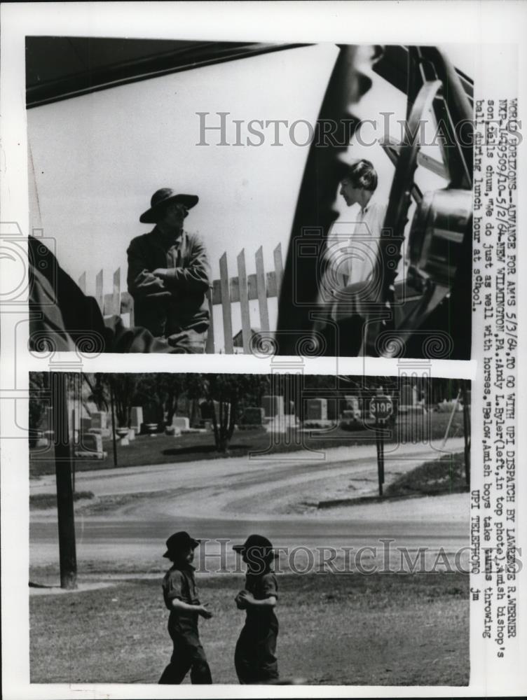 1964 Press Photo Amish boys throwing ball during lunch at school - Historic Images