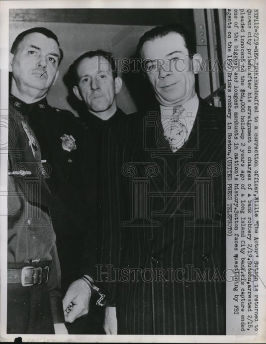 1952 Press Photo Willie "The Actor" Sutton returns at Queens city prison - Historic Images