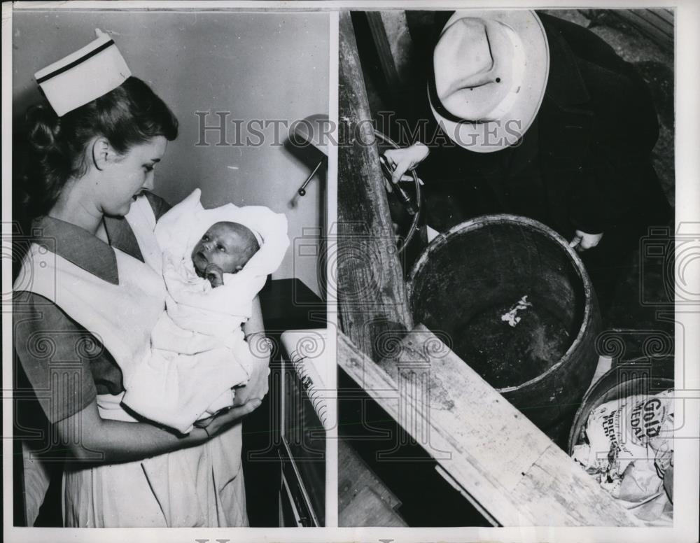 1952 Press Photo Student nurse Barbara Hehaffis holds baby found in trash barrel - Historic Images