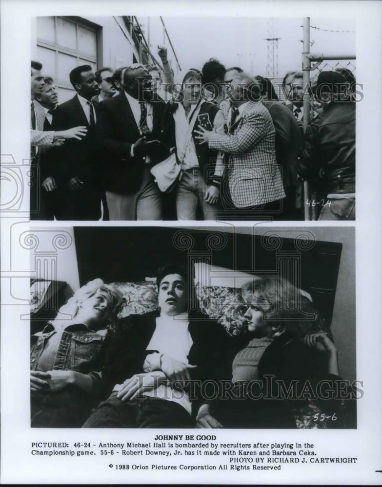 1988 Press Photo Anthony Michael Hall and Robert Downey Jr. in Johnny Be Good - Historic Images
