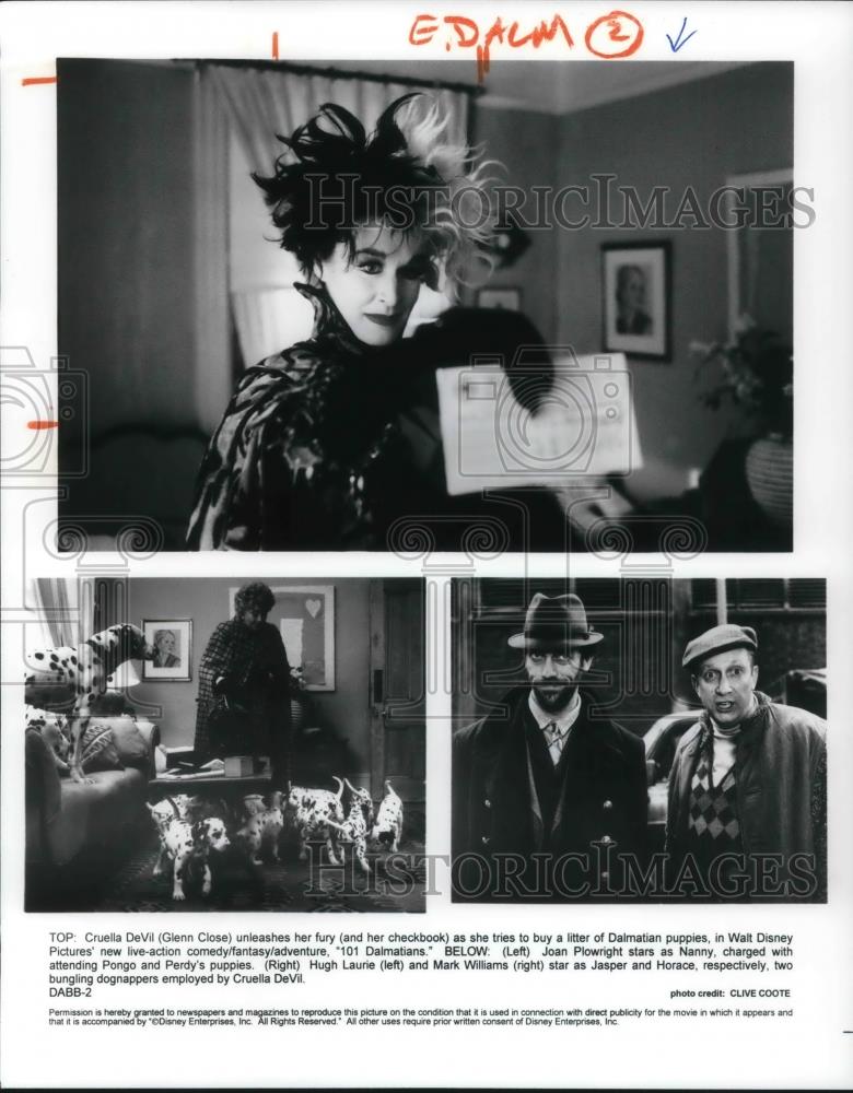 1996 Press Photo Glenn Close Joan Plowright Hugh Laurie in 101 Dalmatians - Historic Images