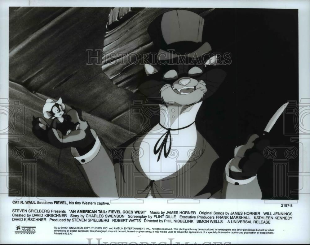 1992 Press Photo Cat R. Waul and Fievel in An American Tail: Fievel Goes West - Historic Images