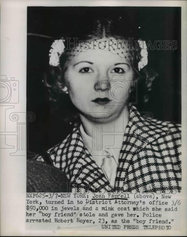 1952 Press Photo Joan Farrell In New York, Robert Royer Jewel Thief - Historic Images