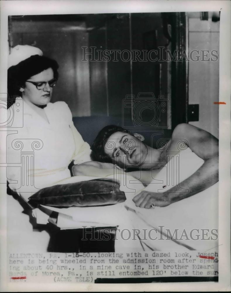 1950 Press Photo Allentown Pa Joseph Burda looks dazed as he is wheeled from - Historic Images