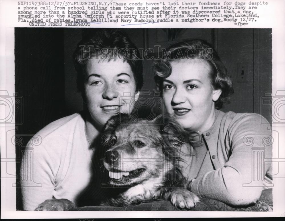 1957 Press Photo GIrls with Dog after Being Checked For Rabies from Another Dog - Historic Images