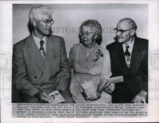 1955 Press Photo Bochem Triplets' 70th Birthday Celebration - Historic Images