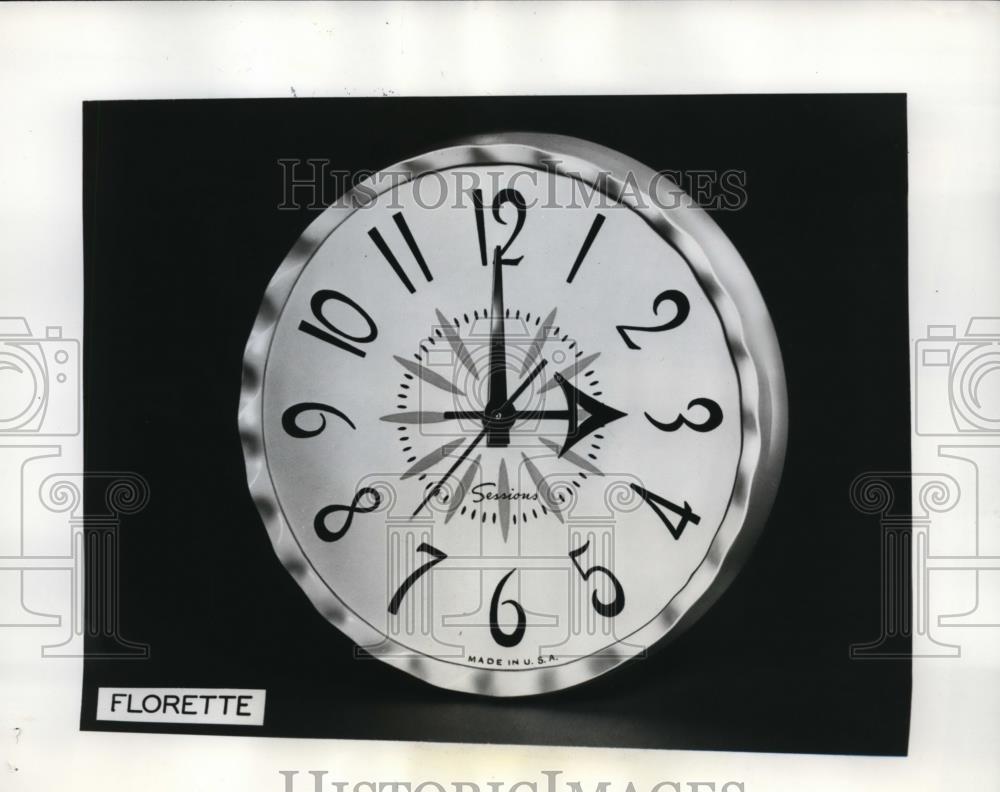 1961 Press Photo Scallop Edged Wall Clock with Gold Petal Design by Sessions - Historic Images