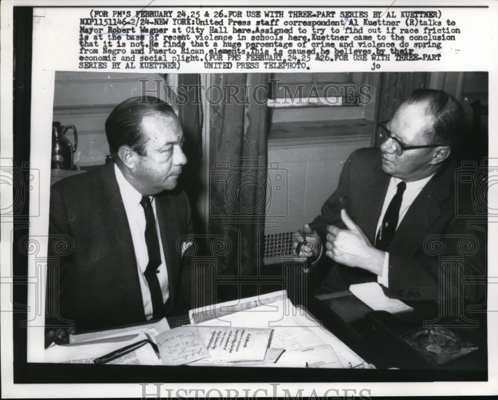 1958 Press Photo Al Kuettner, talks to Mayor Robert Wagner at - Historic Images