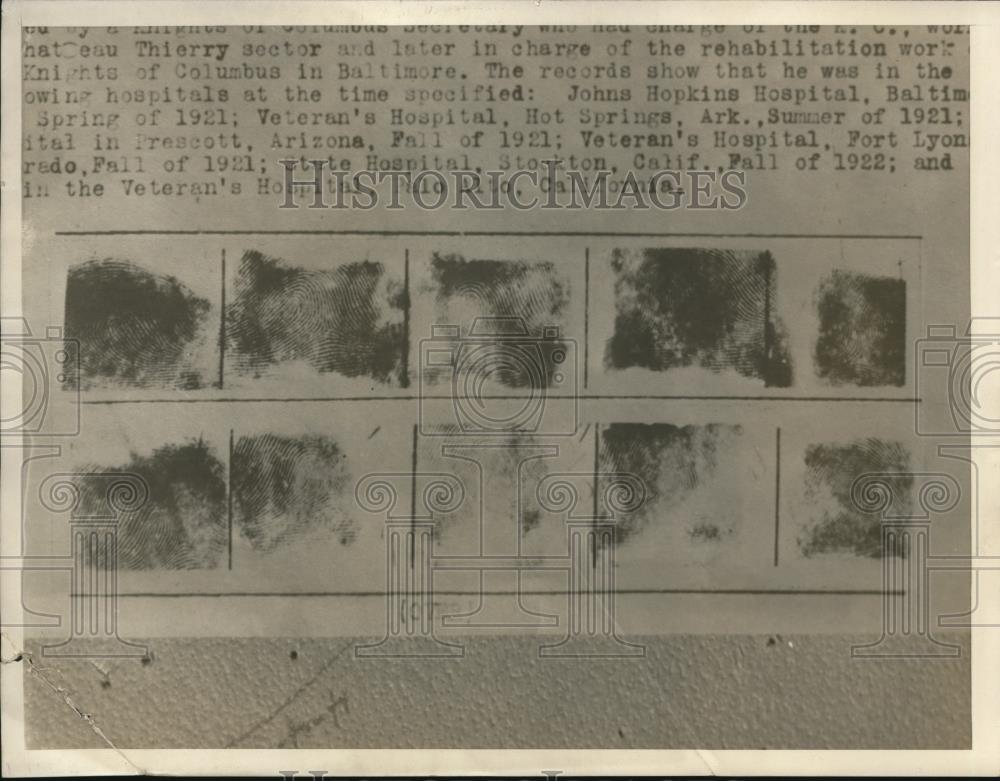 1927 Press Photo Fingerprints of Taibots Showing Him at Various Hospitals. - Historic Images