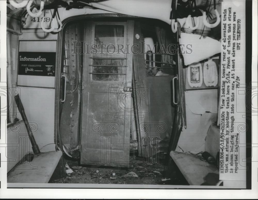 1959 Press Photo View toward rear of elevated train struck by another train - Historic Images