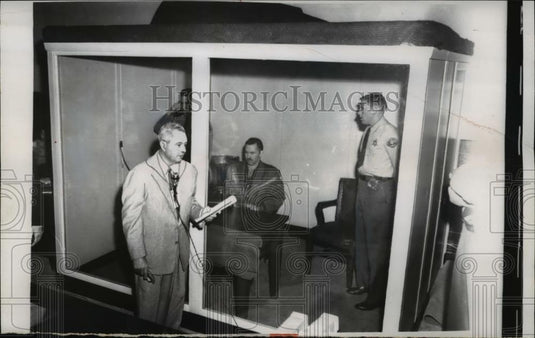 1958 Press Photo LA Calif murderer James Merkouris at sanity trial isolation boo - Historic Images