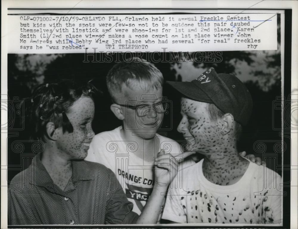 1959 Press Photo Karen Smith John McAndrews Bobby Wing Freckle Contest Orlando - Historic Images