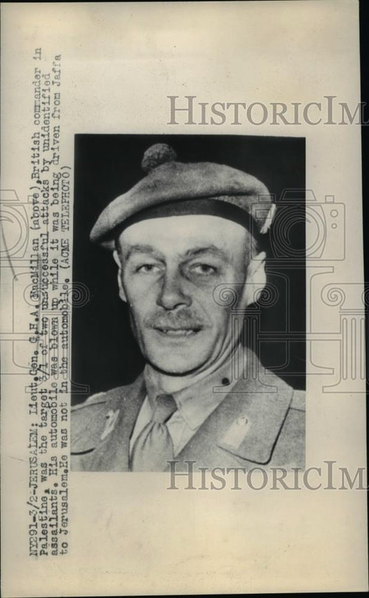 1948 Press Photo Liet. Gen. G.H.A. MacMillan automobile blown up by assailants - Historic Images