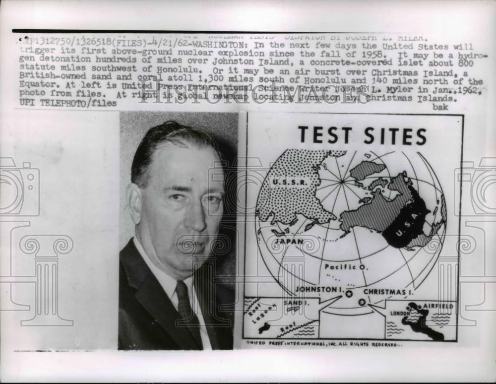 1962 Press Photo Wash DC map shows 1st above ground nuclear test site - Historic Images