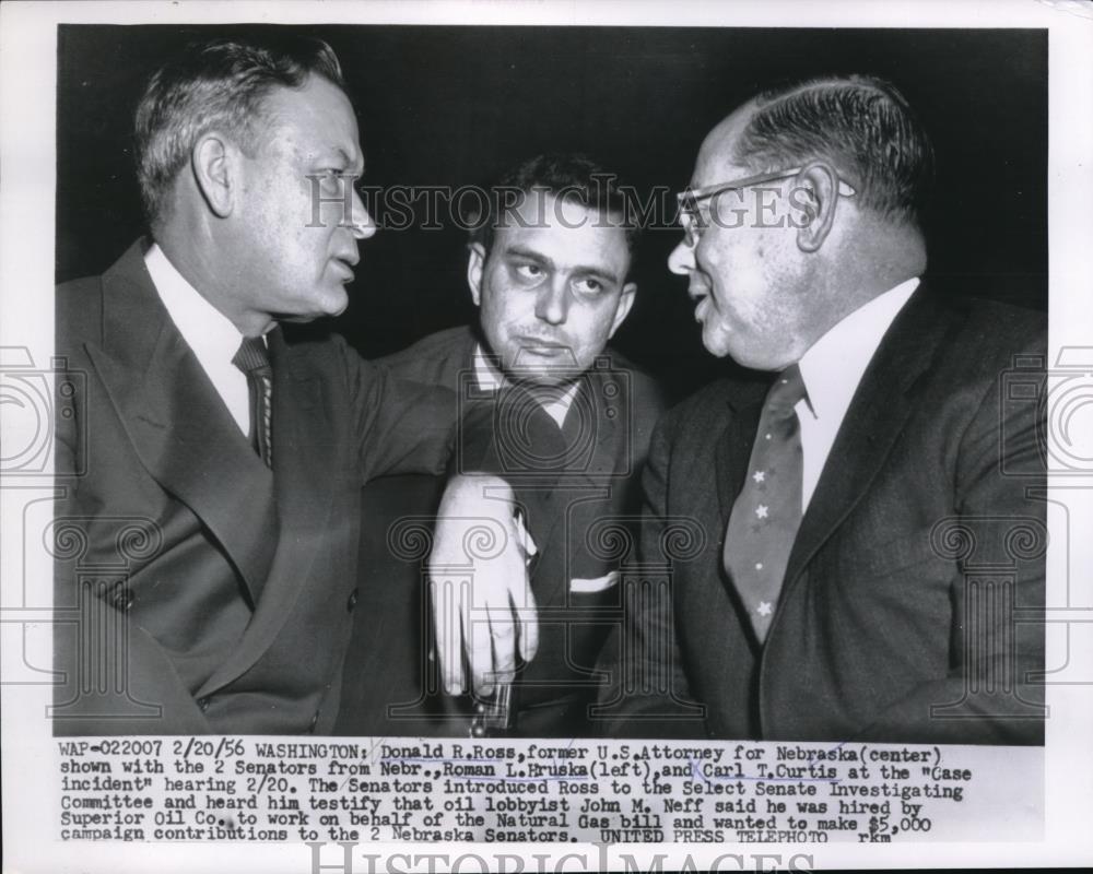 1956 Press Photo Donald Ross. Roman Hruska, and Carl Curtis at the hearing - Historic Images