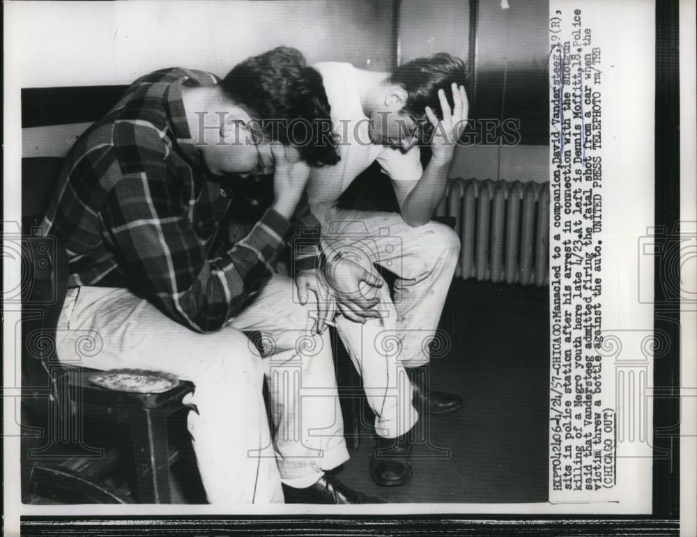 1957 Press Photo David Vandersteeg &amp; Dennis Moffitt arrested at police station - Historic Images