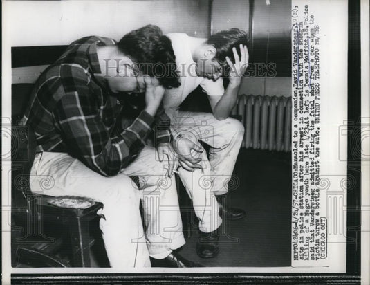 1957 Press Photo David Vandersteeg & Dennis Moffitt arrested at police station - Historic Images