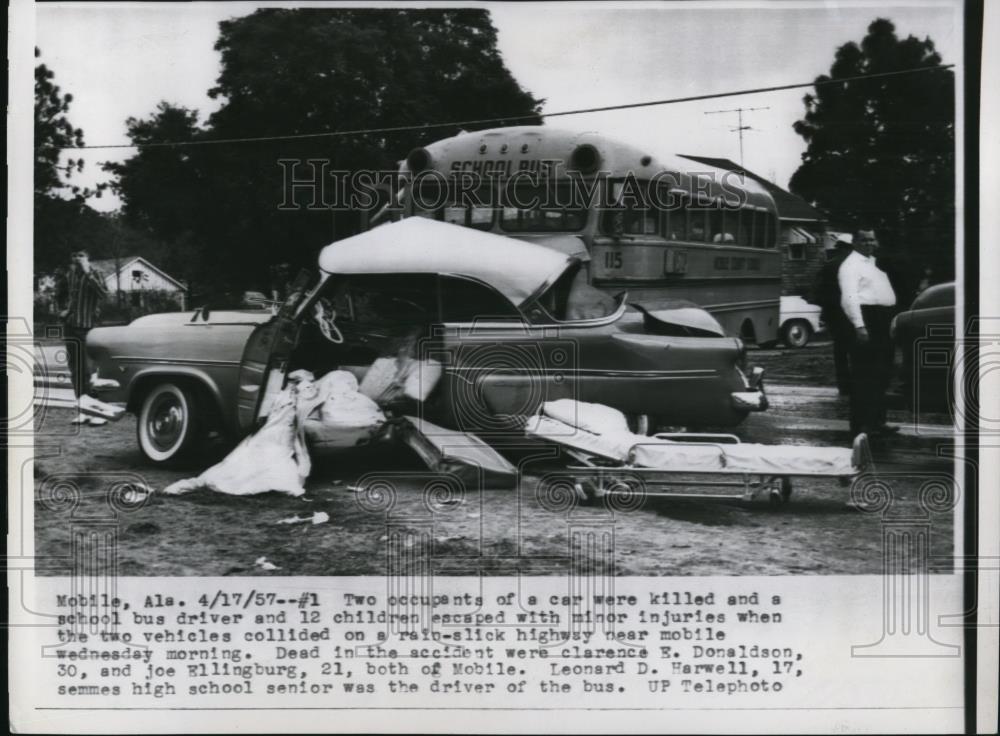 1957 Press Photo School bus and car collide on rain slick highway killing three - Historic Images