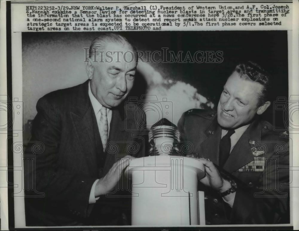 1960 Press Photo NYC Walter Marshall pres of Western Union, Col Joe Hannah - Historic Images