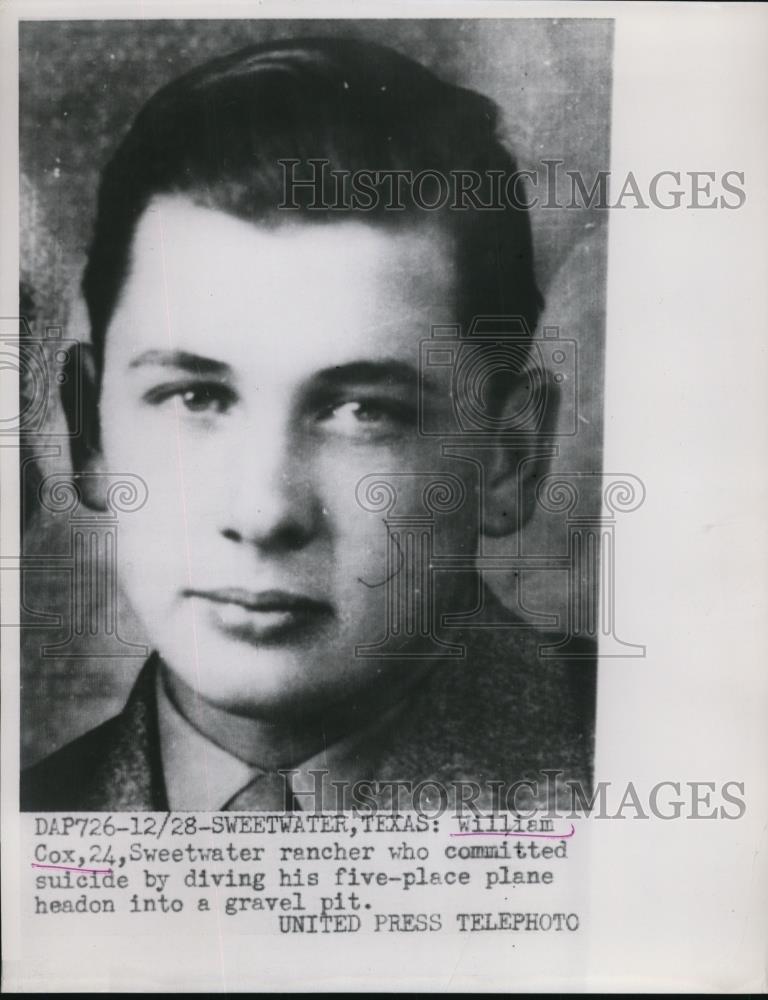 1952 Press Photo William Cox, Committed suicide by diving his five place Plane. - Historic Images