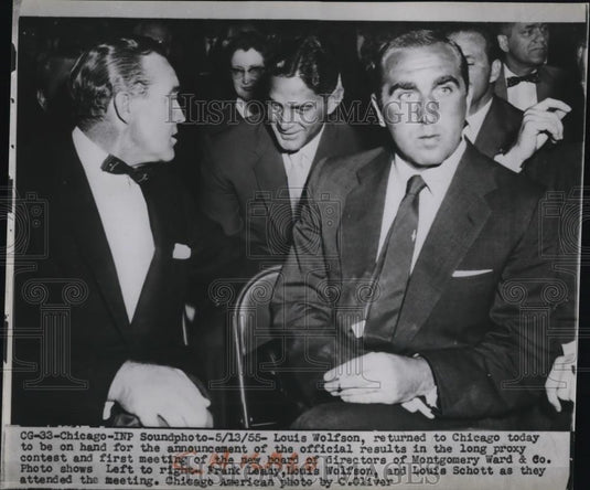 1955 Press Photo Chicago Louis Wolfson, F Leahy, L Schott Montgomery Ward Co - Historic Images