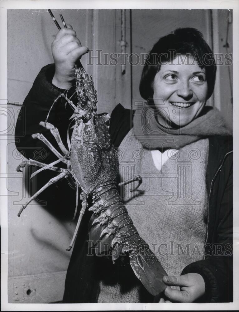 1960 Press Photo Giant Lobster Held by Paris France Fish Merchant Rosalie Dubois - Historic Images