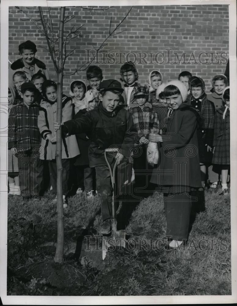 1957 Press Photo Clifford Klein and Christine Koman Plant a Tree at School - Historic Images