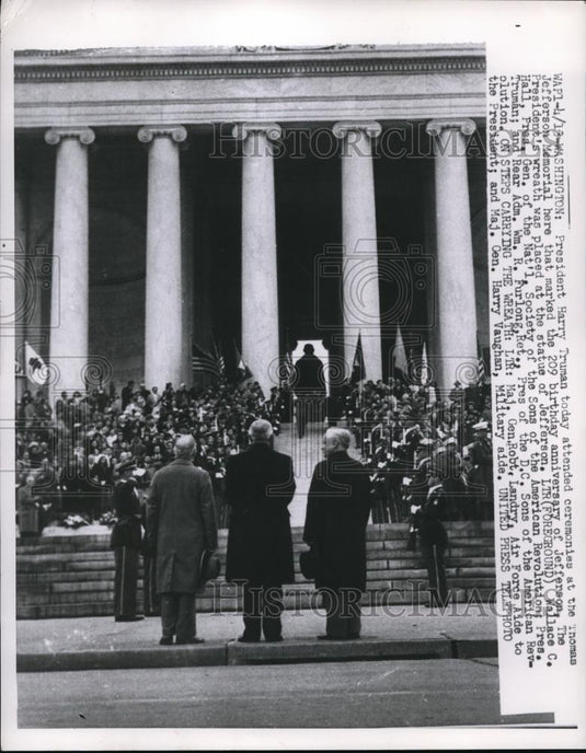 1952 Press Photo Pres.Harry Truman at the Thomas Jefferson Memorial Ceremonies - Historic Images