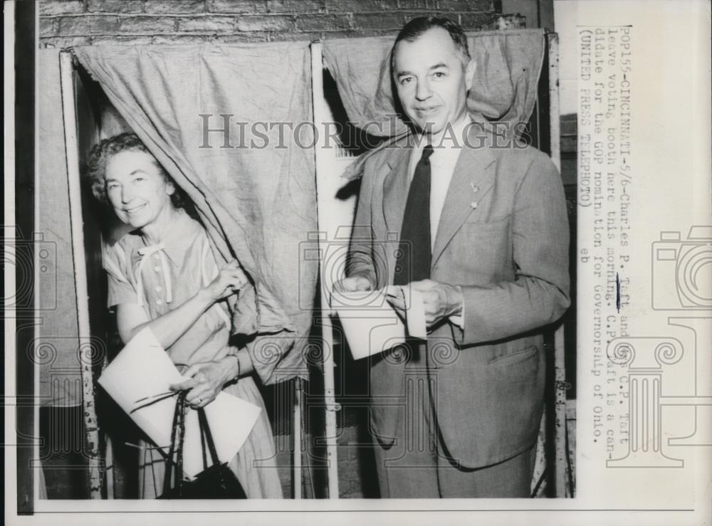 1952 Press Photo Charles P.Taft and Wife leaving the voting booth. - Historic Images