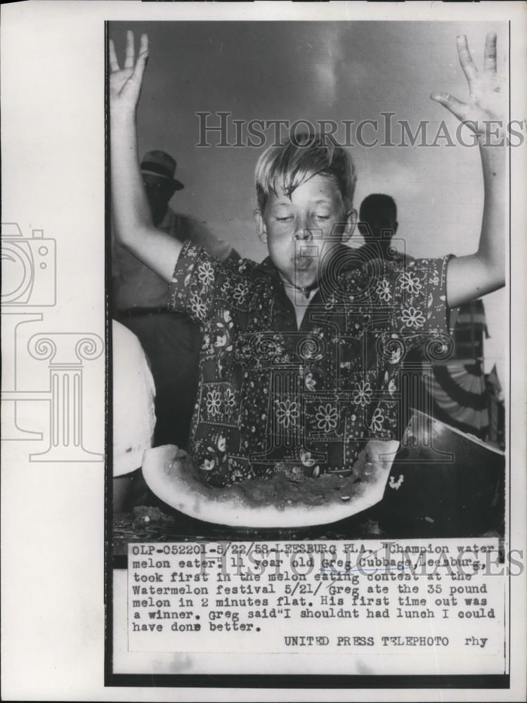 1958 Press Photo Greg Cubbage takes first place in melon eating contest - Historic Images