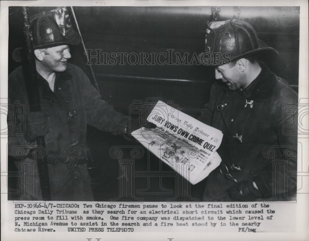 1954 Press Photo 2 Chicago Firemen Look at the Possibility of Electrical Circuit - Historic Images