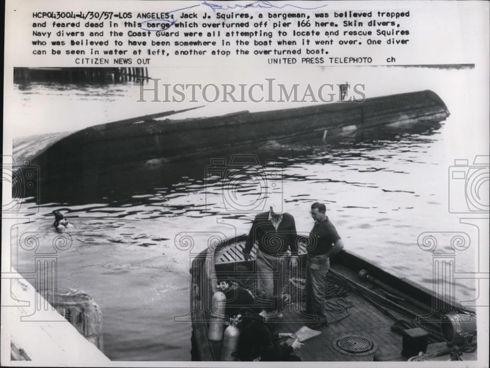 1957 Press Photo Jack Squires feared death in the barge - Historic Images