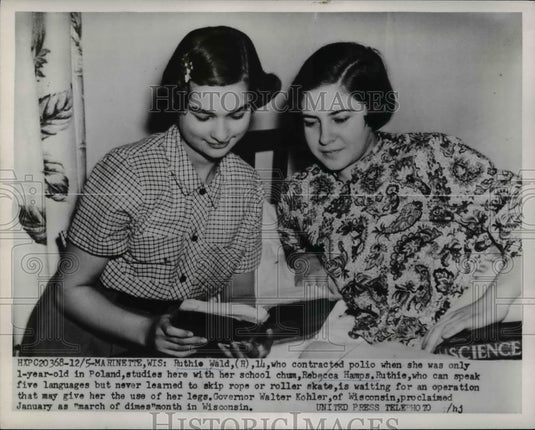 1954 Press Photo Polio Patient Ruthie Wald, Friend Rebecca Hamps, Wisconsin - Historic Images