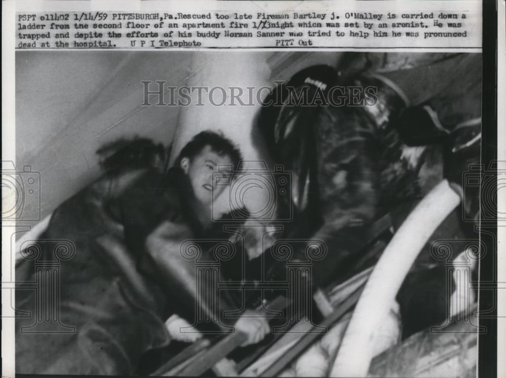 1959 Press Photo Fireman Bartley O&#39;Malley was trapped and died in fire - Historic Images