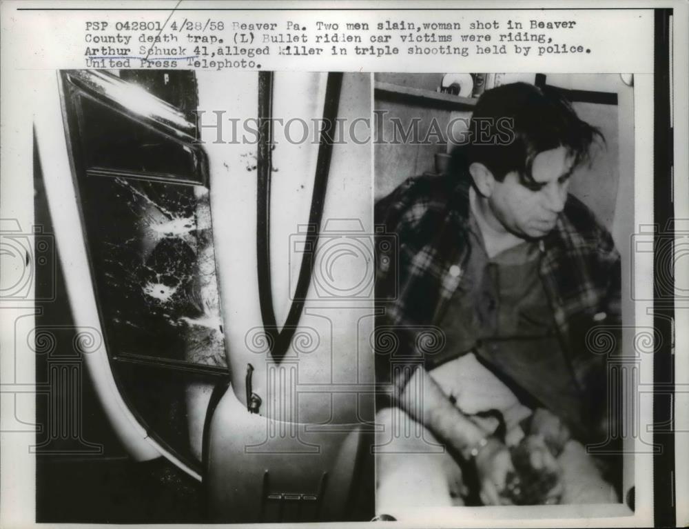 1958 Press Photo Arthur Schuck Alleged Killer in Triple Shooting Held by Police - Historic Images