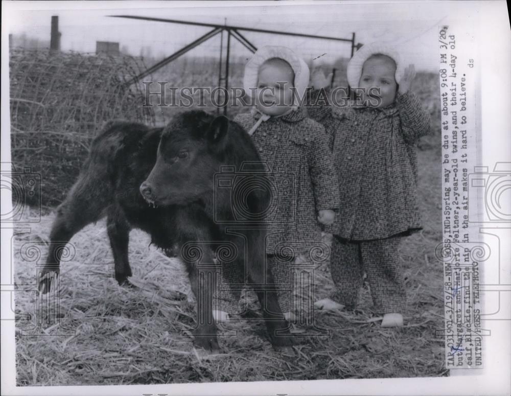 1958 Press Photo Twins Margaret and Marjorie Feltner with 4-Day Old Calf Blackie - Historic Images