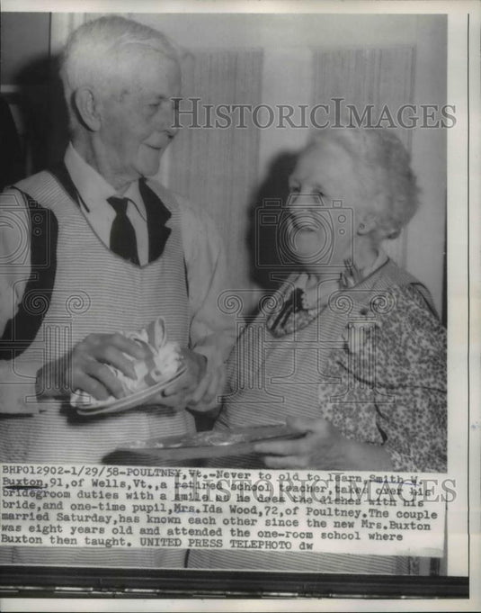 1958 Press Photo Poultney Vt Smith Puxton age 91 & brideMrs Ida Wood - Historic Images