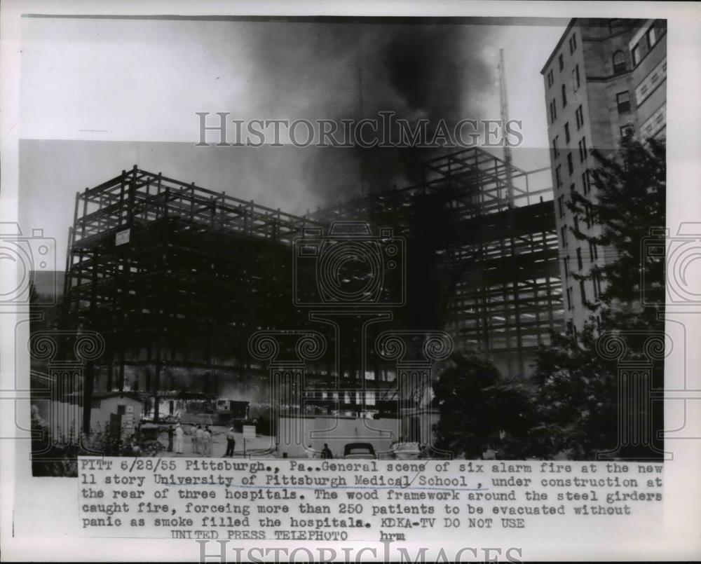 1955 Press Photo Six Alarm Fire at University of Pittsburgh Medical School - Historic Images