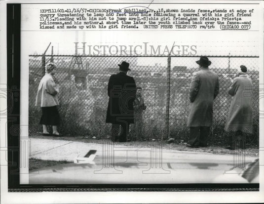 1957 Press Photo Frank Chillaci stands at the edge of quarry threatening to leap - Historic Images