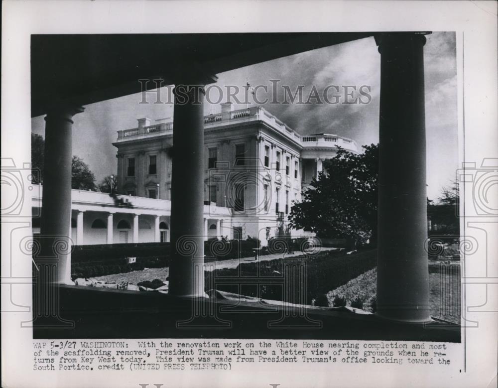 1952 Press Photo Renovation Work on the White House Nearing Completion - Historic Images