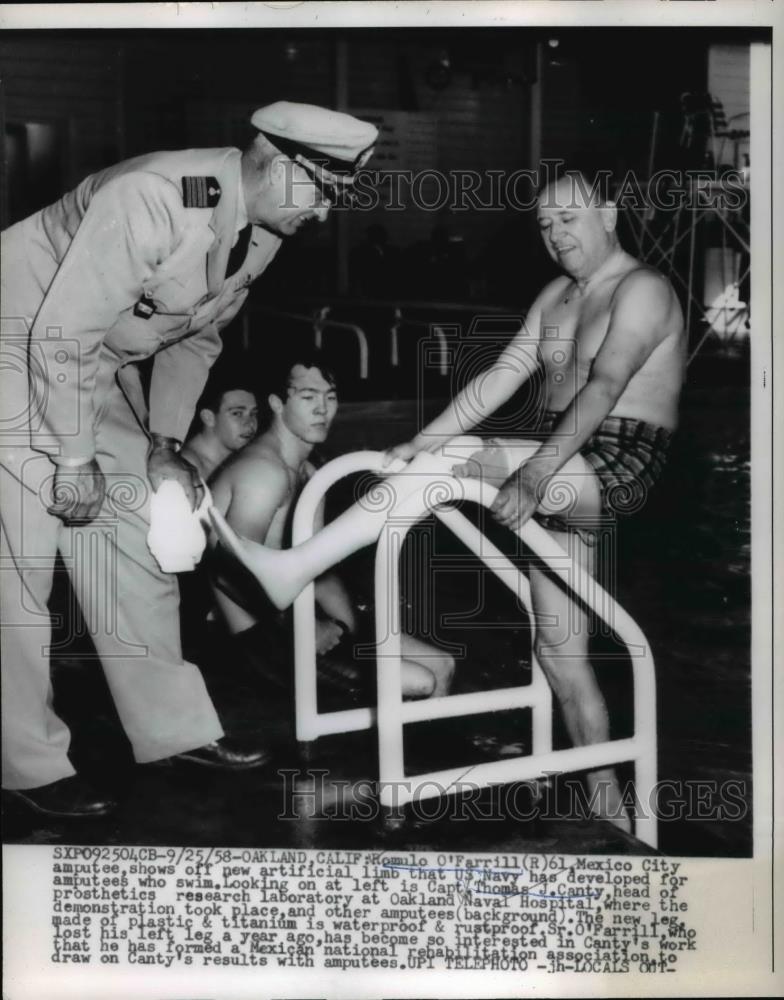 1958 Press Photo Amputee Shows Off New Artificial Limb U.S. Navy Developed - Historic Images