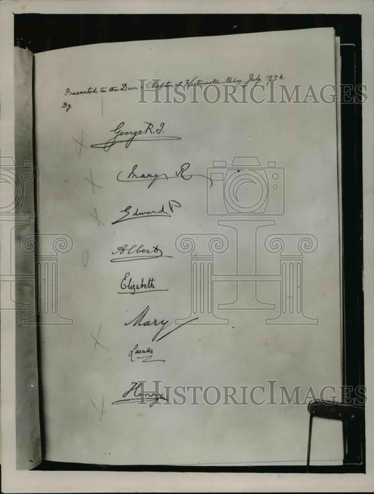 1926 Press Photo Ackermann's,Hostory of Westminster Abbey w/ Royal Signatures - Historic Images