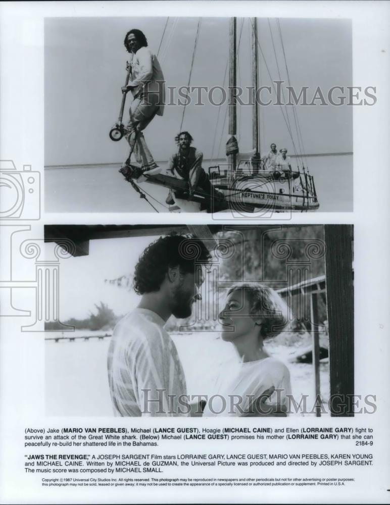 1987 Press Photo Mario Feebles, Lance Guest, Michael Caine in &quot;Jaws The Revenge&quot; - Historic Images