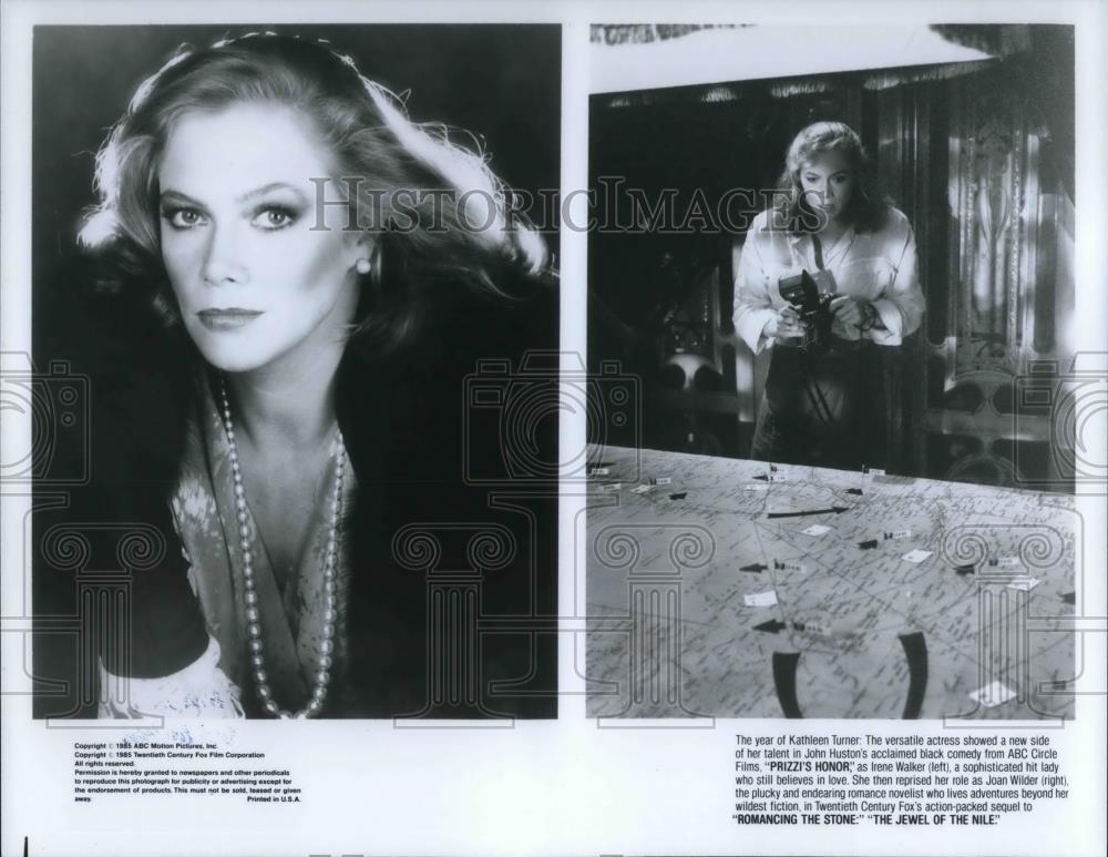 1985 Press Photo Kathleen Turner in Prizzi&#39;s Honor and Romancing The Stone - Historic Images