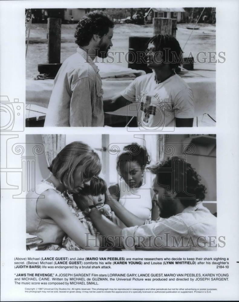 1987 Press Photo Lance Guest, Mario Van Peebles in &quot;Jaws The Revenge&quot; - Historic Images