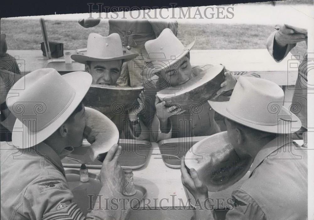 Press Photo British Air Cadets &quot;Go West&quot; Guests Of American AF-Eating Watermelon - Historic Images