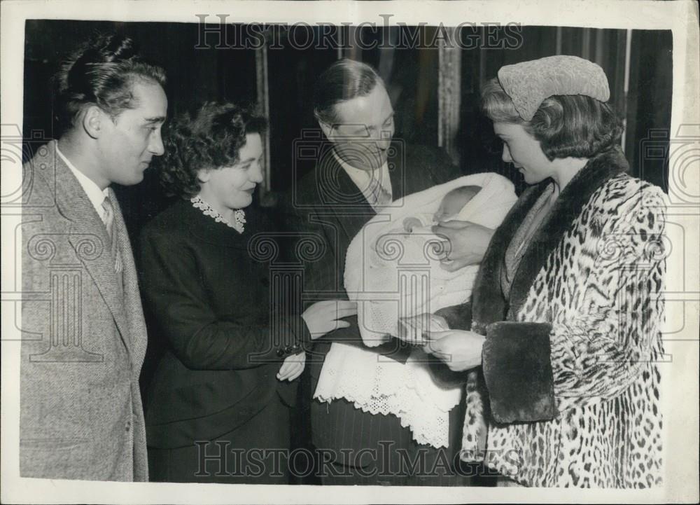 1958 Press Photo Anthony Greenwood Holds Refugee Baby Christened Rowfant House - Historic Images