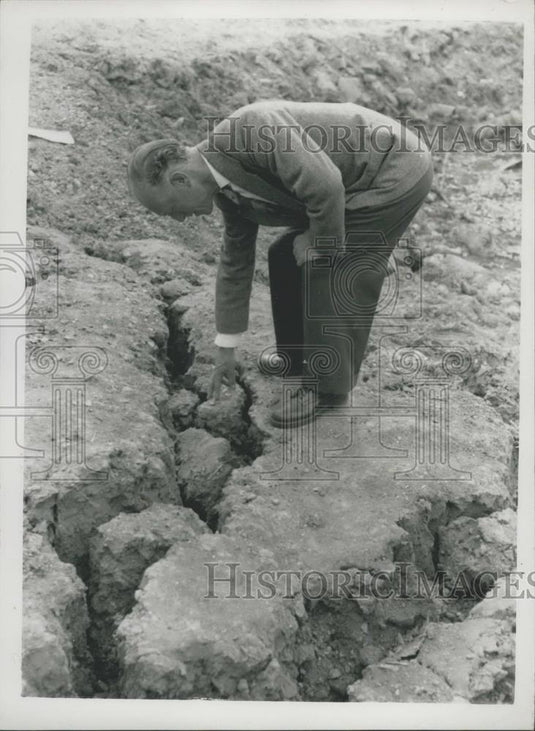 1959 Press Photo Huge Cracks In Edges Of Pond due to drought - Historic Images