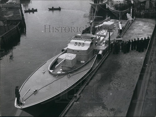 1957 Press Photo German Navy Fast Boat, Luerssen Wharf, Bremen - Historic Images