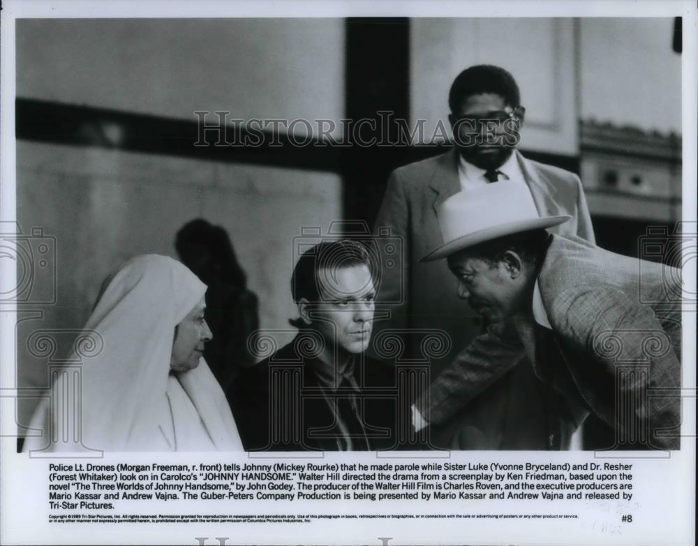 1989 Press Photo Morgan Freeman Mickey Rourke Y. Bryceland in Johnny Handsome - Historic Images